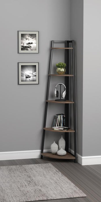Jacksonville 5-tier Corner Bookcase Aged Walnut - Orbit Furniture (Richmond,BC)