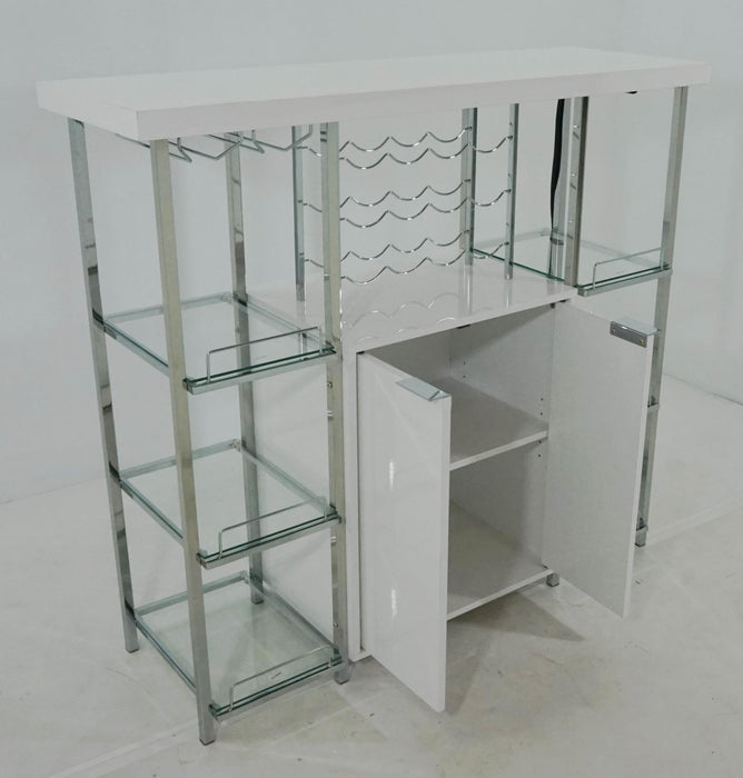Gallimore 2-door Bar Cabinet with Glass Shelf High Glossy White and Chrome - Orbit Furniture (Richmond,BC)