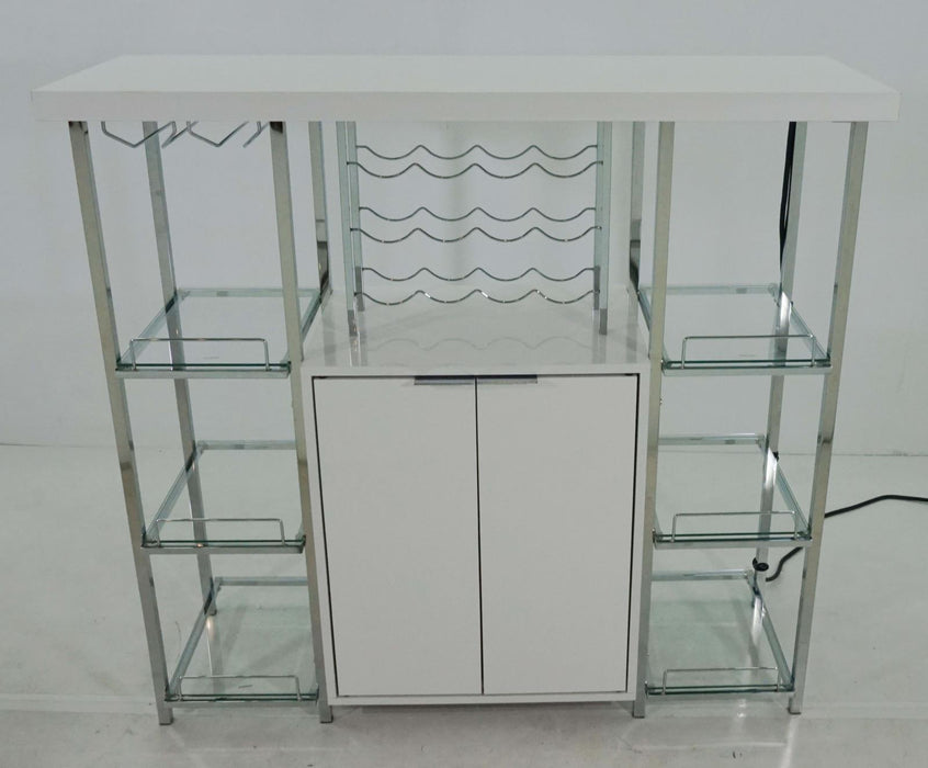 Gallimore 2-door Bar Cabinet with Glass Shelf High Glossy White and Chrome - Orbit Furniture (Richmond,BC)