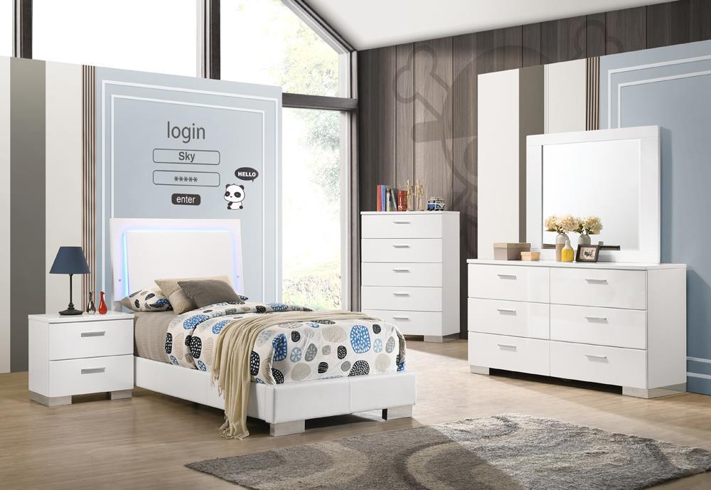Felicity Full & Twin Panel Bed with LED Lighting Glossy White - Orbit Furniture (Richmond,BC)