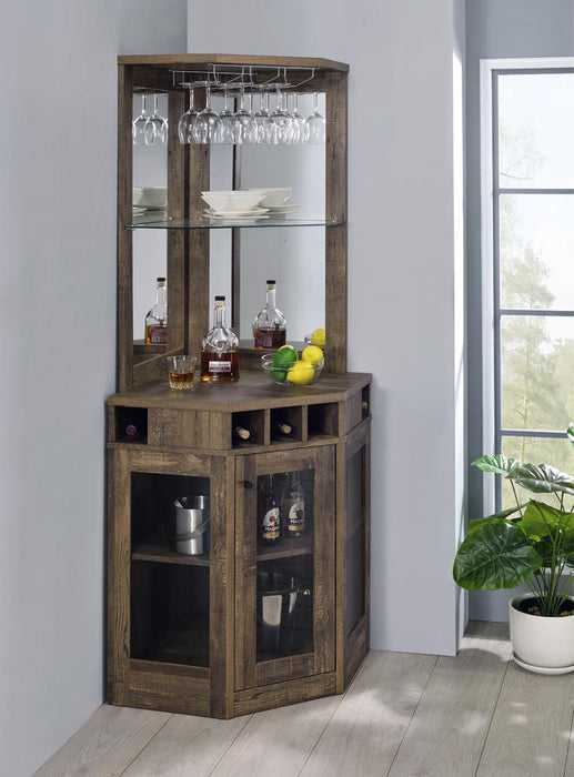 Alviso Corner Bar Cabinet with Stemware Rack Rustic Oak - Orbit Furniture (Richmond,BC)