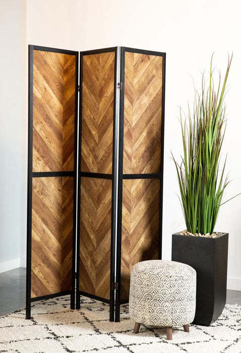 Marlene Herringbone Pattern 3-panel Screen Rustic Tobacco and Black - Orbit Furniture (Richmond,BC)