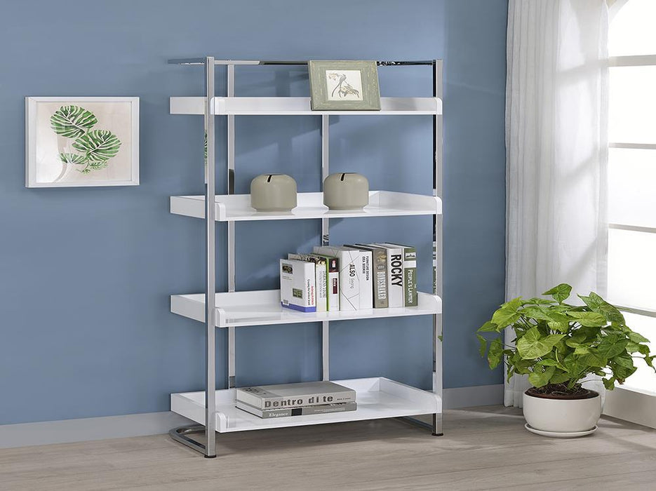 Ember 4-shelf Bookcase White High Gloss and Chrome - Orbit Furniture (Richmond,BC)