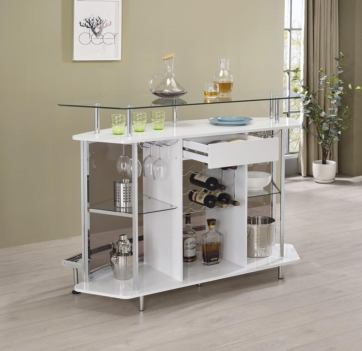 Gideon Crescent Shaped Glass Top Bar Unit with Drawer - Orbit Furniture (Richmond,BC)