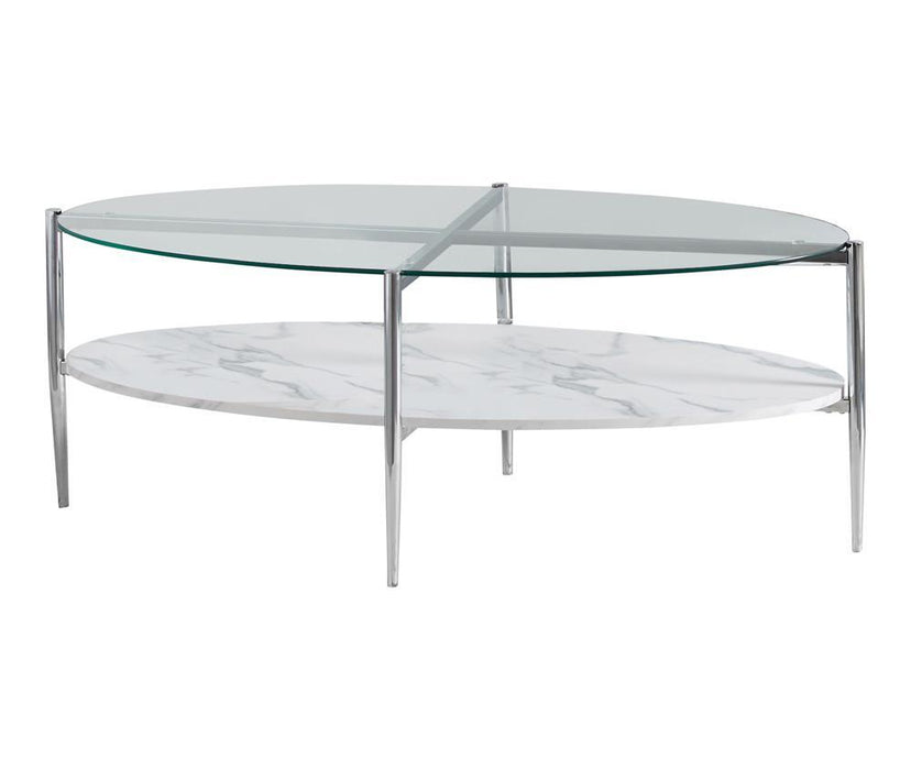 Cadee Round Glass Top Coffee Table White and Chrome - Orbit Furniture (Richmond,BC)