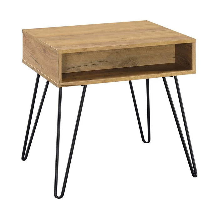 Fanning Square End Table with Open Compartment Golden Oak and Black - Orbit Furniture (Richmond,BC)