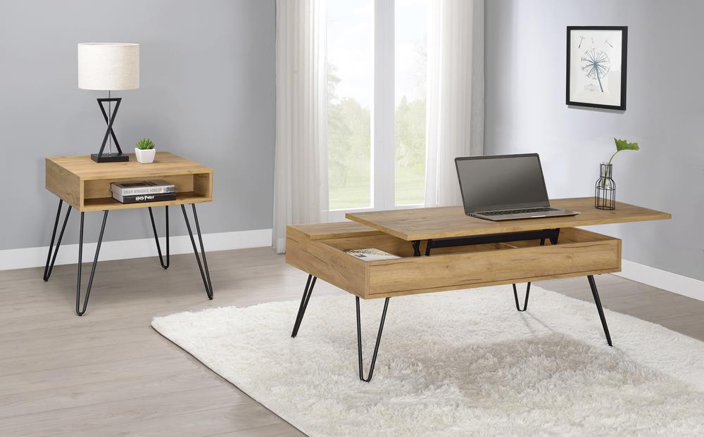 Fanning Square End Table with Open Compartment Golden Oak and Black - Orbit Furniture (Richmond,BC)