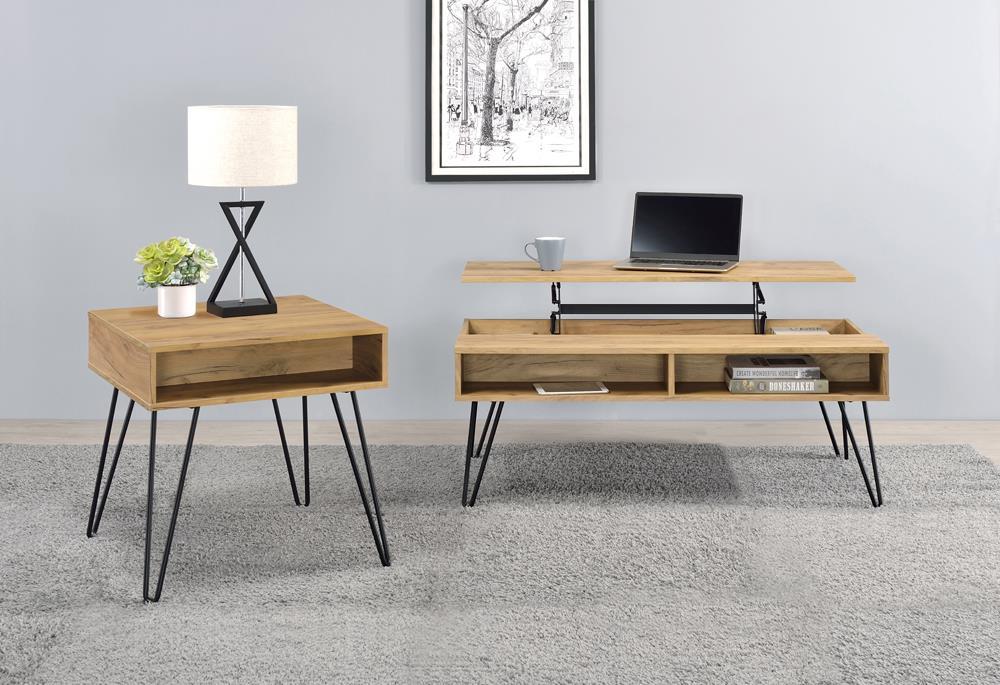 Fanning Square End Table with Open Compartment Golden Oak and Black - Orbit Furniture (Richmond,BC)