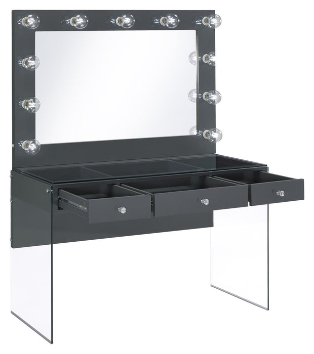 Afshan 3-drawer Vanity Desk with Lighting Mirror Grey High Gloss - Orbit Furniture (Richmond,BC)