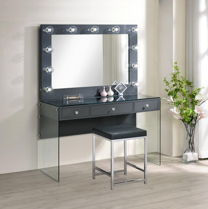 Afshan 3-drawer Vanity Desk with Lighting Mirror Grey High Gloss - Orbit Furniture (Richmond,BC)